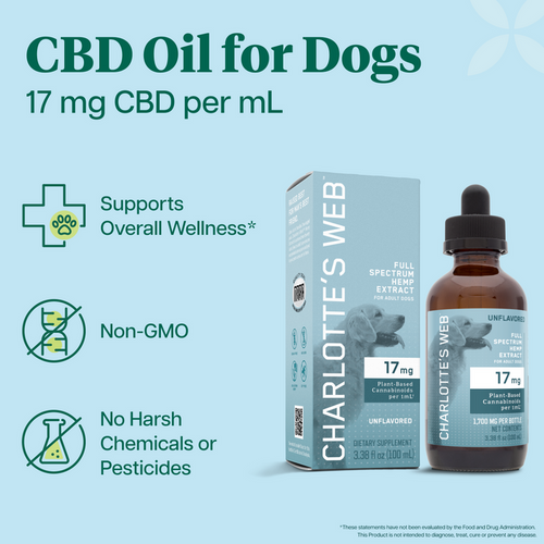 Charlotte's Web Unflavored CBD oil for dogs on a light blue background with text highlighting 17 mg CBD per mL, overall wellness support, non-GMO status, and no harsh chemicals or pesticides.