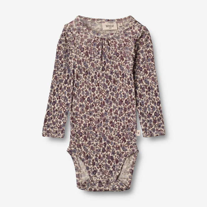 Wheat Wool Body Gatherings Wool LS | Baby Underwear/Bodies 1493 purple flowers