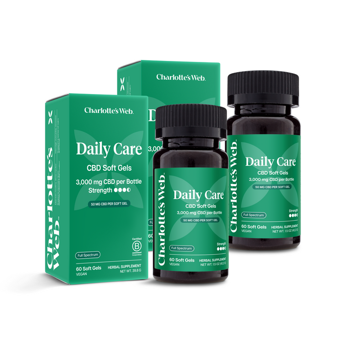 Charlotte's Web Daily Care CBD Soft Gels packaging on a white background