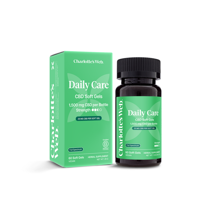 Charlotte's Web Daily Care CBD Soft Gels packaging and bottle on a white background