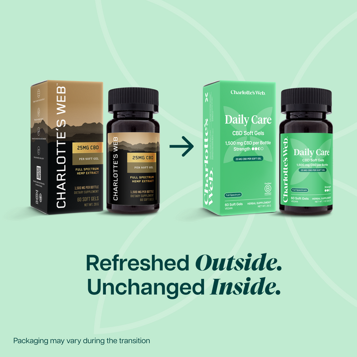 Charlotte's Web CBD products on a light green background with text 'Refreshed Outside. Unchanged Inside.'
